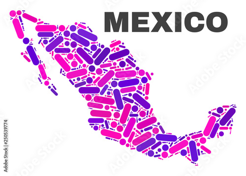 Mosaic Mexico map isolated on a white background. Vector geographic abstraction in pink and violet colors. Mosaic of Mexico map combined of scattered round dots and lines.