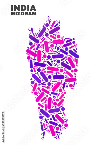 Mosaic Mizoram State map isolated on a white background. Vector geographic abstraction in pink and violet colors. Mosaic of Mizoram State map combined of scattered circle dots and lines.