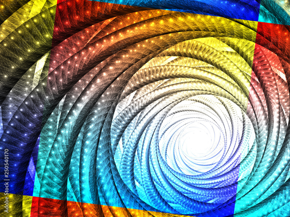 Multicolor Fractal Spiral Background Image, Illustration - Infinite repeating spiral pattern, vortex of geometry. Recursive symmetrical patterns compressed and twisted into a white circular center.