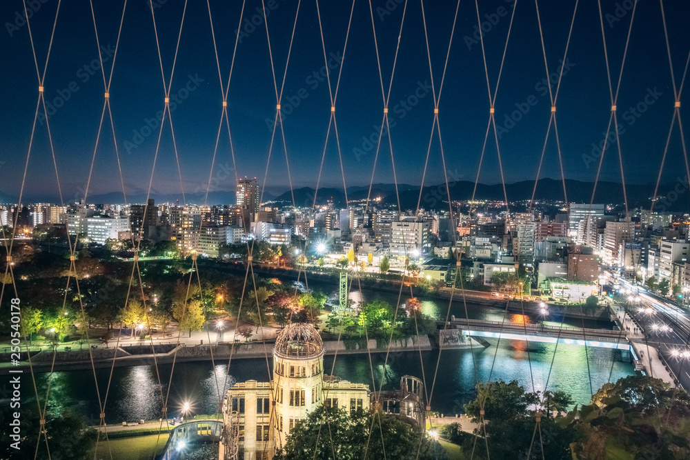 Hiroshima Cityscape -View from Orizuru Tower at night on the side of Motoyasu River in Japan with the Atomic Bomb Dome in the foreground and the Peace Memorial Park behind in the middle ground.