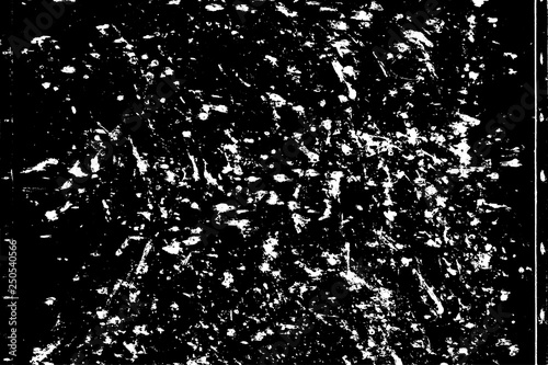 High contrast vector dark grunge texture overlay with white paint spatters, dense flecks, chipped flakes, and film strip edge marks for vintage retro photo design.