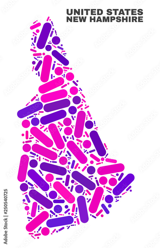 Mosaic New Hampshire State map isolated on a white background. Vector geographic abstraction in pink and violet colors. Mosaic of New Hampshire State map combined of scattered circle dots and lines.