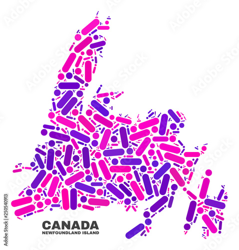 Mosaic Newfoundland Island map isolated on a white background. Vector geographic abstraction in pink and violet colors. Mosaic of Newfoundland Island map combined of scattered round dots and lines.