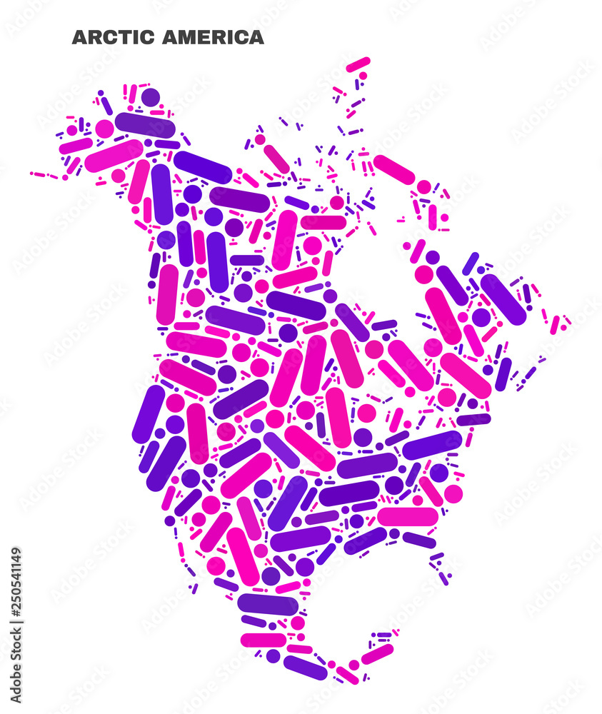 Mosaic North America v2 map isolated on a white background. Vector  geographic abstraction in pink and violet colors. Mosaic of North America  v2 map combined of random round points and lines. Stock