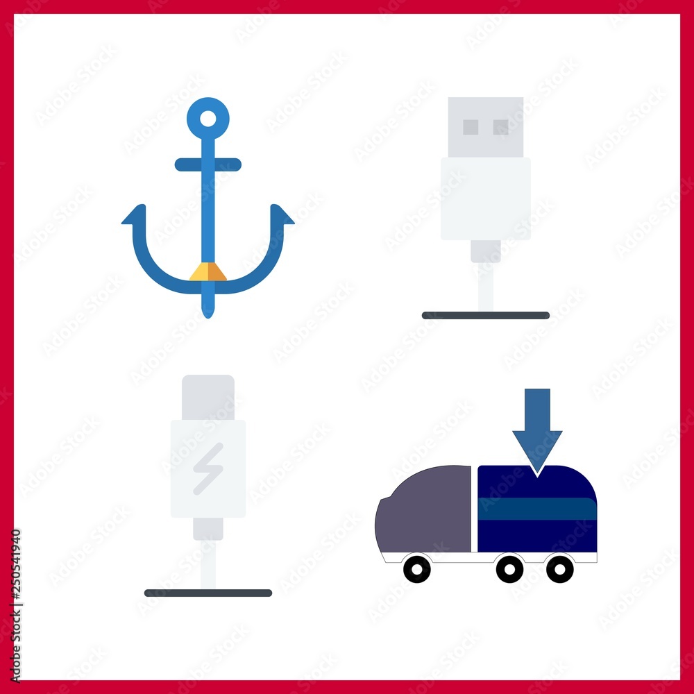 4 port icon. Vector illustration port set. anchor and usb cable icons for port works 4 port icon. Vector illustration port set. anchor and usb cable icons for port works