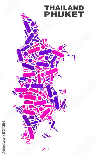 Mosaic Phuket map isolated on a white background. Vector geographic abstraction in pink and violet colors. Mosaic of Phuket map combined of random round points and lines.
