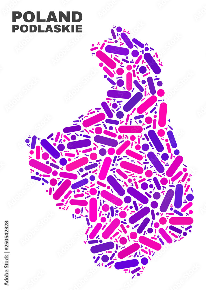 Mosaic Podlaskie Voivodeship map isolated on a white background. Vector geographic abstraction in pink and violet colors.