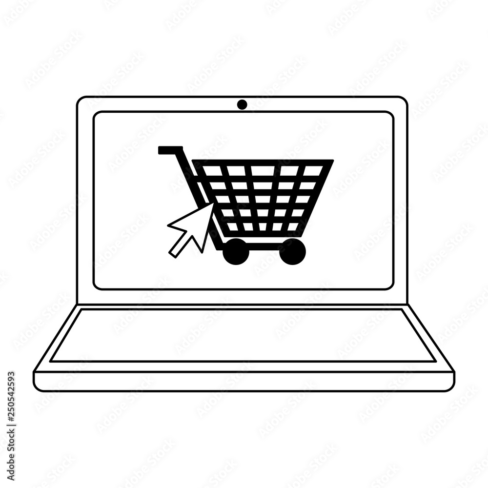 shopping online laptop and cart symbol in black and white shopping online laptop and cart symbol in black and white