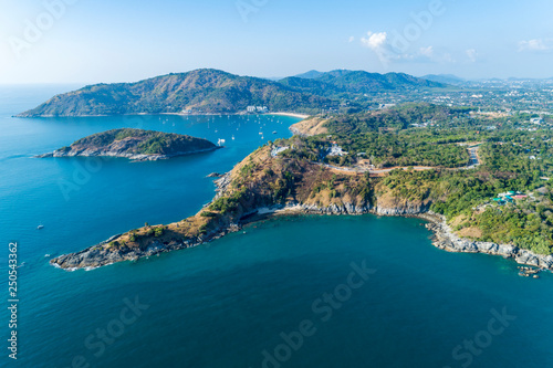 Aerial view drone shot of laem promthep cape,beautiful scenery andaman sea in summer season,phuket thailand