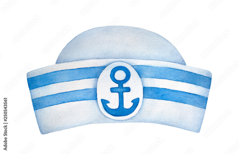 Classic sailor hat with blue stripes and decorative anchor emblem. One  single object, front view. Hand painted water color sketchy drawing on  white background, cutout clip art element for design. Stock Illustration