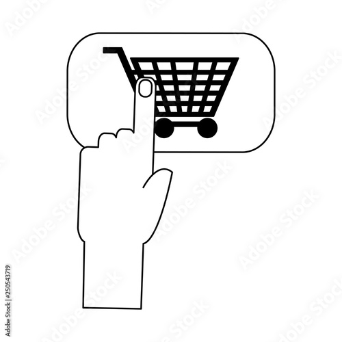 finger touching buy button in black and white