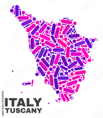 Mosaic Tuscany region map isolated on a white background. Vector geographic abstraction in pink and violet colors. Mosaic of Tuscany region map combined of random circle dots and lines.