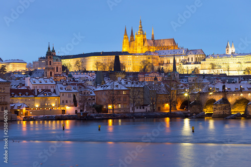 Prague gothic Castle with the Lesser Town and Charles Bridge above River Vltava in the Night, Czech Republic