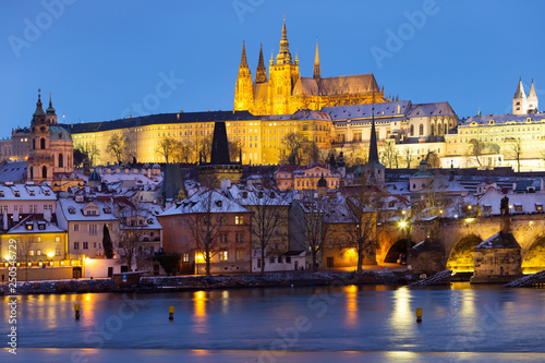 Prague gothic Castle with the Lesser Town and Charles Bridge above River Vltava in the Night, Czech Republic