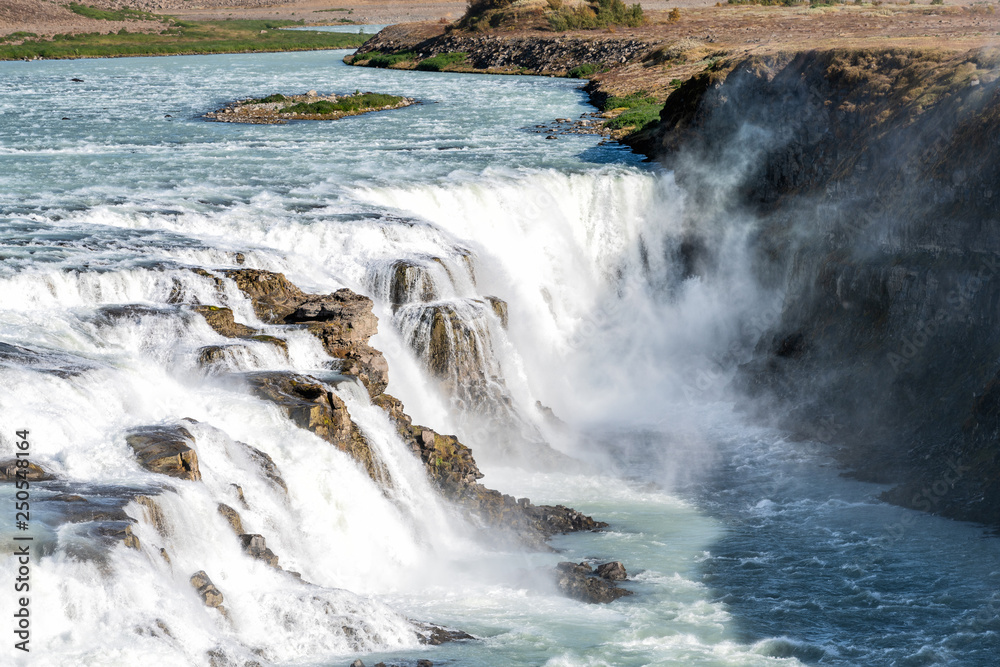 Gullfoss waterfall landscape in south Iceland with water falling closeup flowing on Golden Circle cascade Gullfoss waterfall landscape in south Iceland with water falling closeup flowing on Golden Circle cascade