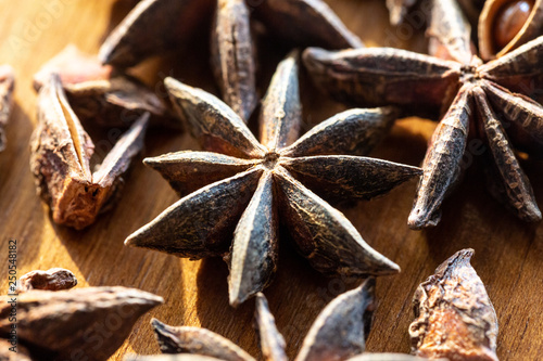 Staranise close up on wood background photo