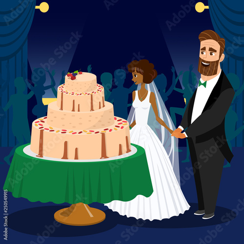 Newlyweds Cutting Wedding Cake Vector Illustration