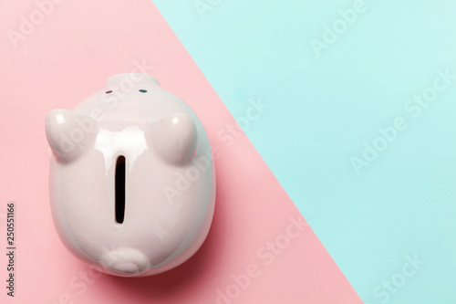 Saving investment budget wealth retirement financial money banking concept. Pink piggy bank isolated on blue and pink pastel colorful trendy geometric background. Flat lay top view copy space