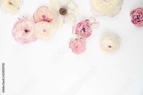 Pink and White Ranunculus Floral Flat Lay Background