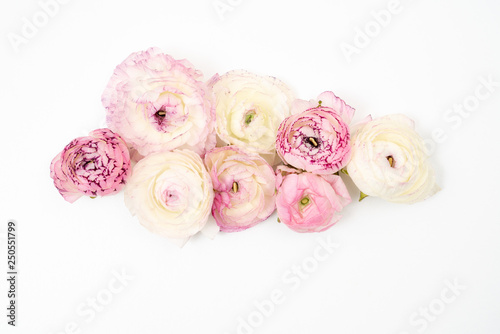 Pink and White Ranunculus Floral Flat Lay Background