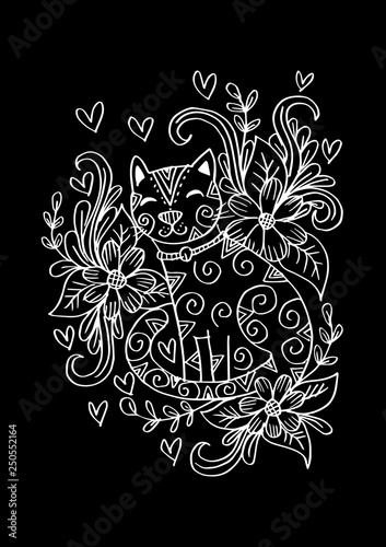  Doodle of cat sitting in the flowers.