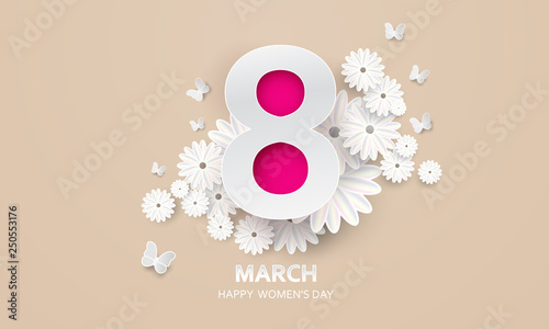 8 March. Happy Mother's Day. Paper cut Butterfly with flower holiday background - Vector
