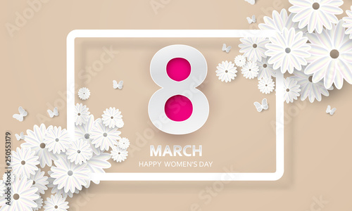 8 March. Happy Mother's Day. Paper cut Butterfly with flower holiday background - Vector
