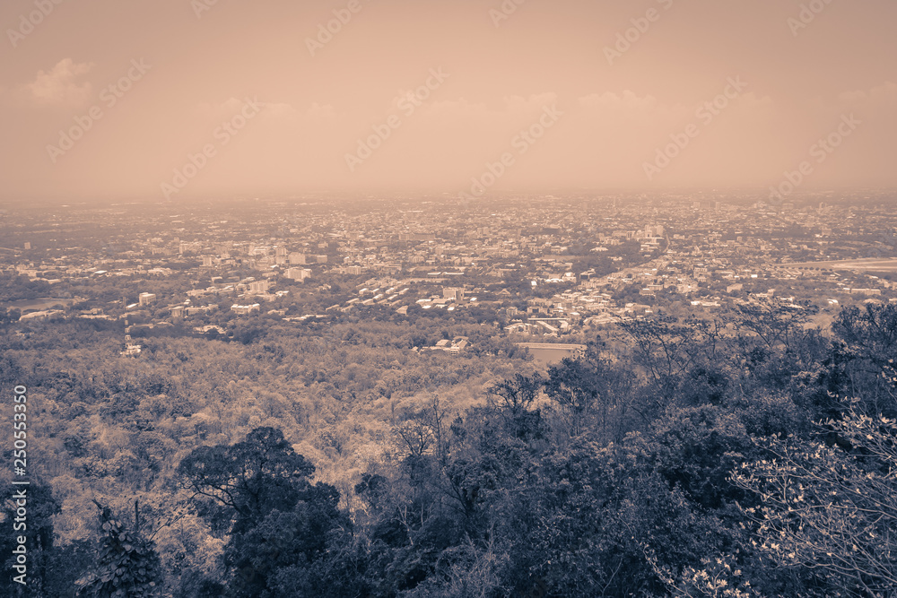 Chiang Mai cityscape view from Doi Suthep hills viewpoint. You can see the 180 degrees of Chiang Mai town under your feet. Chiang Mai is the largest city in northern Thailand.