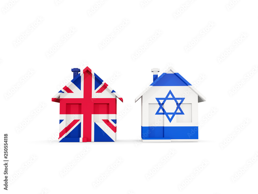 Fototapeta premium Two houses with flags of United Kingdom and israel