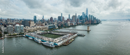 Aerial view of Pier 40 with Manhattan downtown skyline from above Hudson river