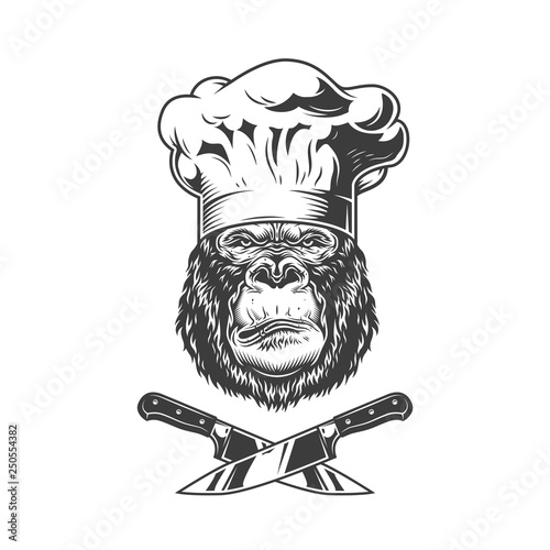 Serious gorilla head in chef hat