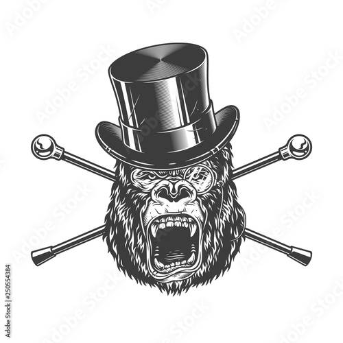 Ferocious gorilla head in cylinder hat