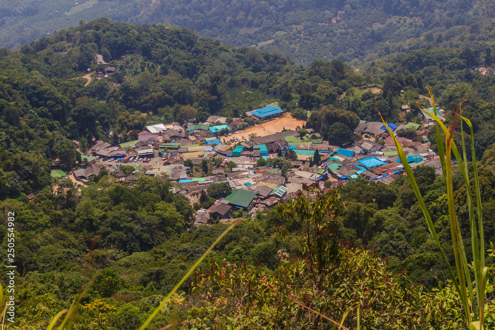 Doi Pui’s Hmong ethnic hill-tribe village, aerial view from the cliff ...