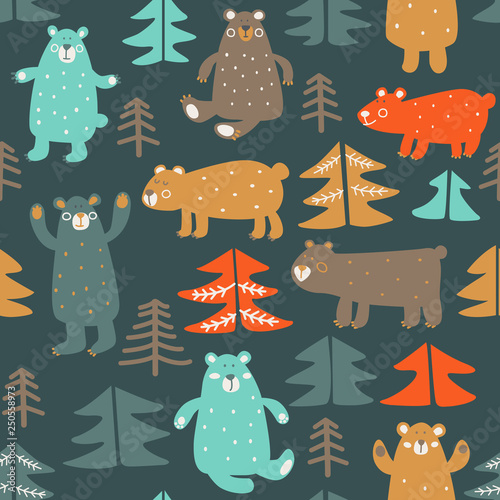 Funny animal seamless pattern made of cute bears in forest 