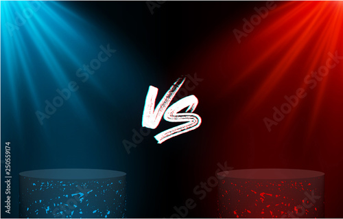 Versus - confrontation, red and blue background with empty marble pedestals, soffits and VS sign.