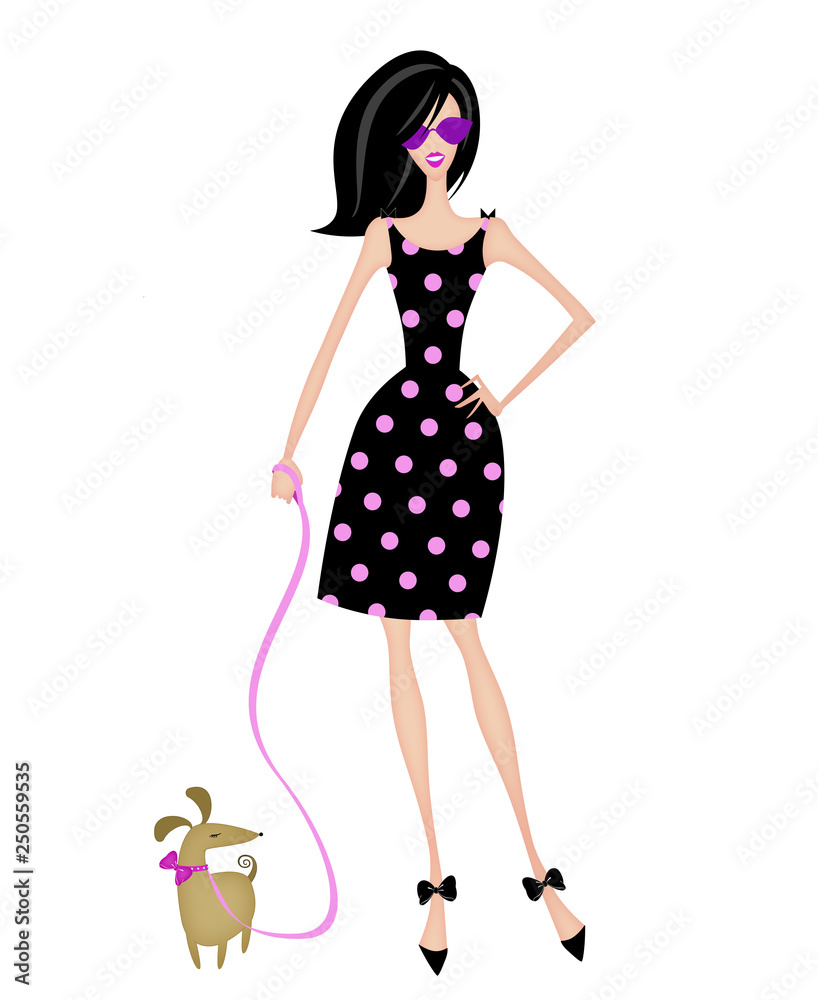 Chic Stylish Woman Walking Her Dog Fashion Illustration