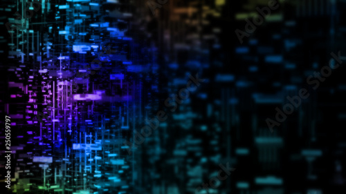 3D Rendering of abstract technology background. Wide screen wallpaper. Computer circuit dots and blur binary data. For deep machine learning, crypto currency, artificial intelligence product uses. 
