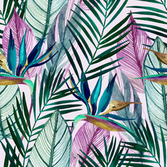 Fototapete Tropische Paradiesblumen-Muster Aquarell Strelitzia mit Palmblättern Tropisch  © Tanya Syrytsyna