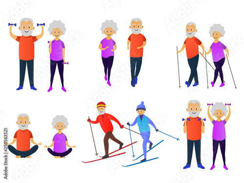 Happy elderly man and woman goes in for sports set. Skiing, dumbbell exercises, running, yoga, nordic walking. Elderly people active lifestyle. Vector illustration