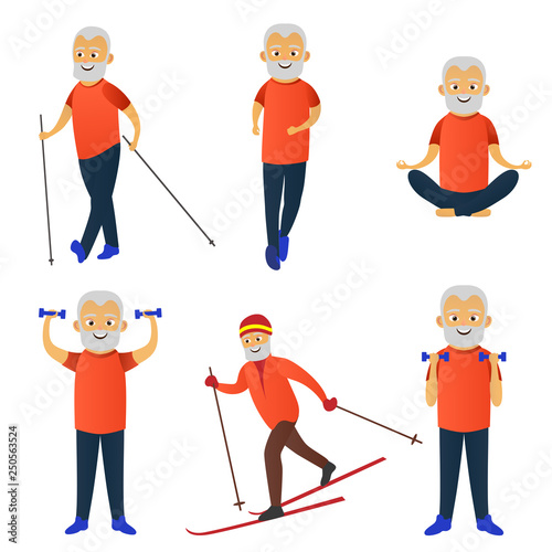 Happy elderly man goes in for sports set. Skiing, dumbbell exercises, running, yoga, nordic walking. Elderly people active lifestyle. Vector illustration
