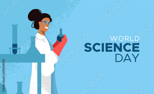 World Science Day card of scientist woman