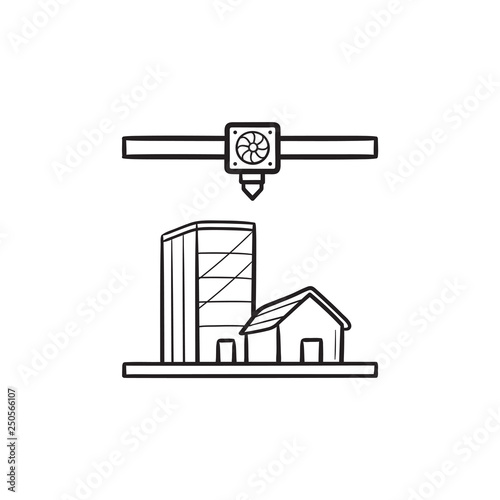 3D printer prints houses hand drawn outline doodle icon.
