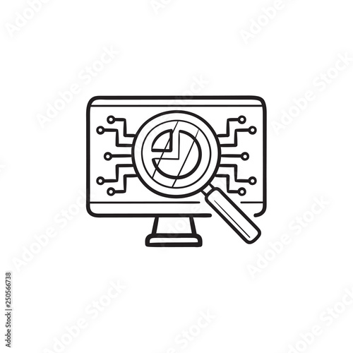 Magnifying glass and electronic circuit on computer hand drawn outline doodle icon