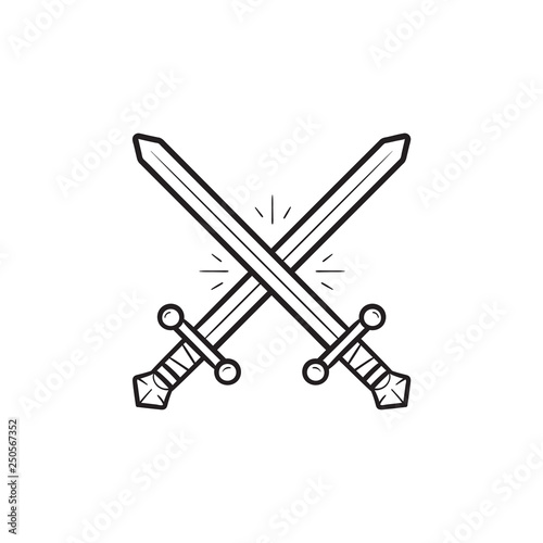 Two crossed swords hand drawn outline doodle icon.