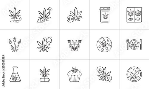 Marijuana hand drawn outline doodle icon set.