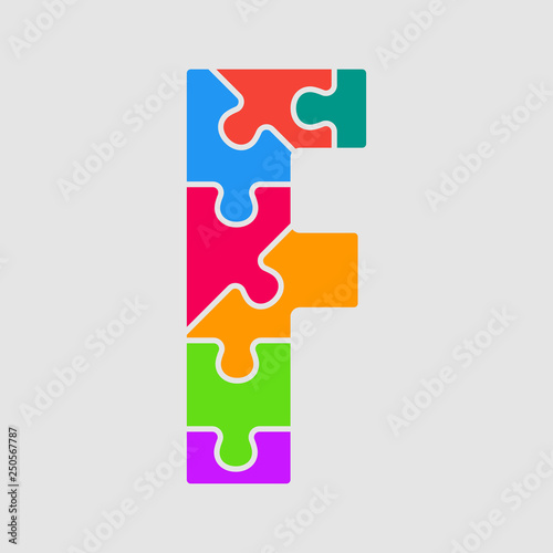 Vector jigsaw font colour puzzle piece letter - F.