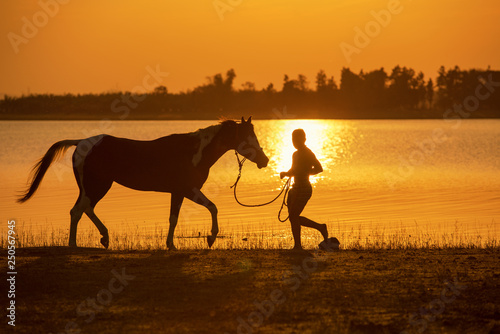 Man training horse in golden hour sunset at lakeside lifestyle of cowboy in countryside