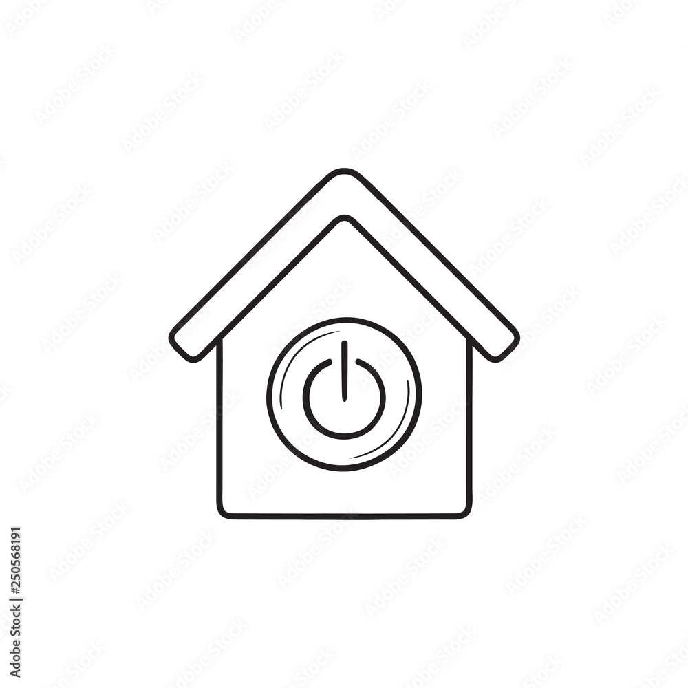 Smart house with switch on button hand drawn outline doodle icon. Smart house with switch on button hand drawn outline doodle icon.