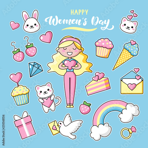Set of Cute kawaii objects, girl with long blond hair, bunny, sweets and hearts. Happy women's day lettering. Rainbow happy colors. Beautiful vector illustration for greeting card/poster/sticker.