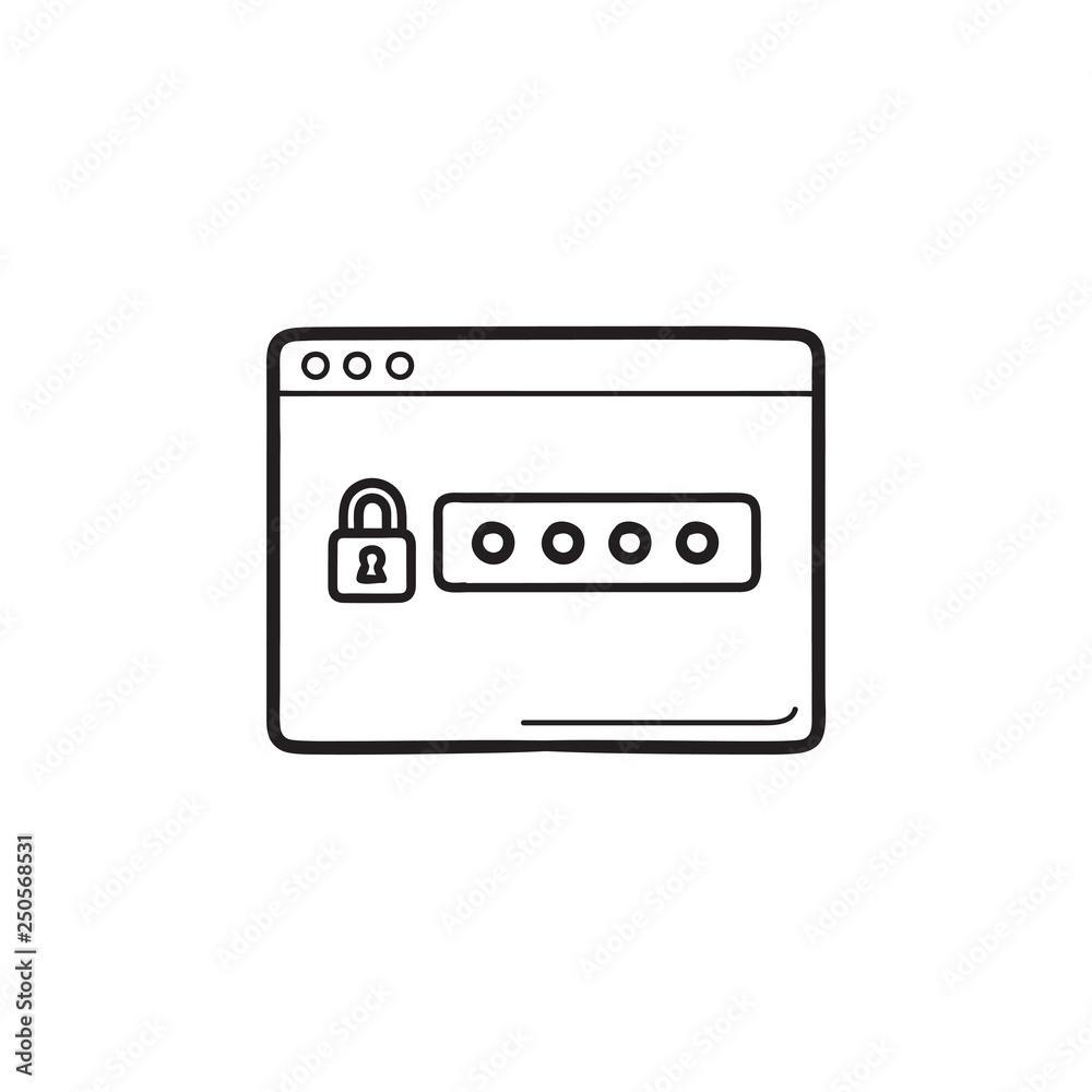 Lock and password in browser window hand drawn outline doodle icon. Lock and password in browser window hand drawn outline doodle icon.